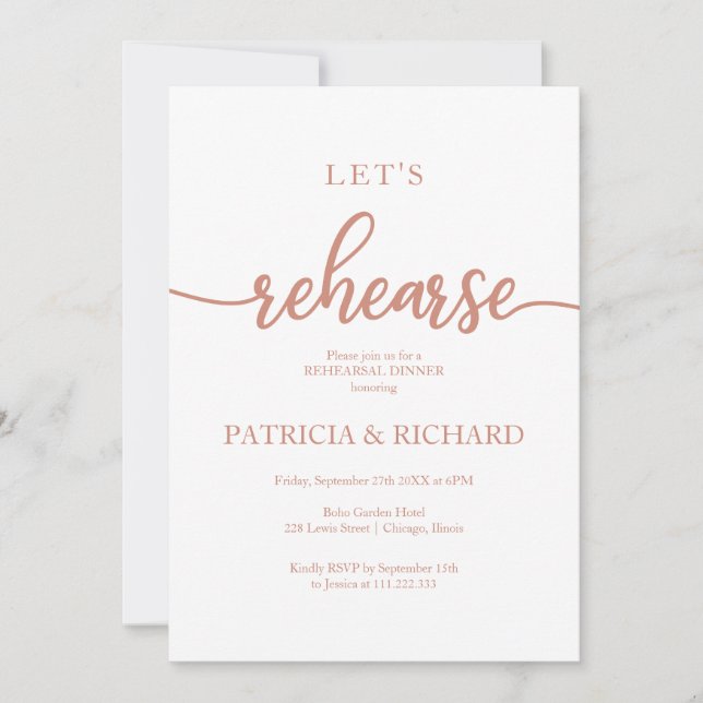 Let's Rehearse Elegant Rose Gold Rehearsal Dinner Invitation (Front)