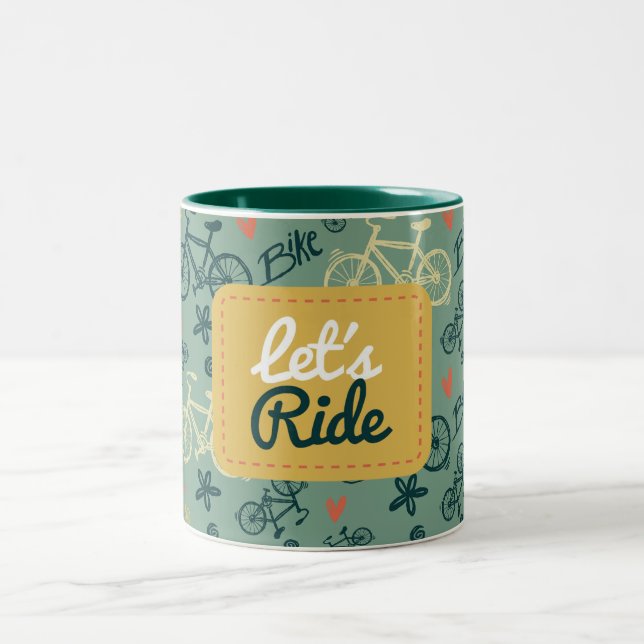 Let's Ride Modern Green Bicycle Pattern Two-Tone Coffee Mug (Center)