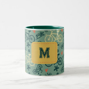Let's Ride Modern Green Bicycles Pattern Two-Tone Coffee Mug