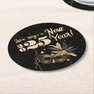 Let's ring the New Year party Glamourous Black Round Paper Coaster