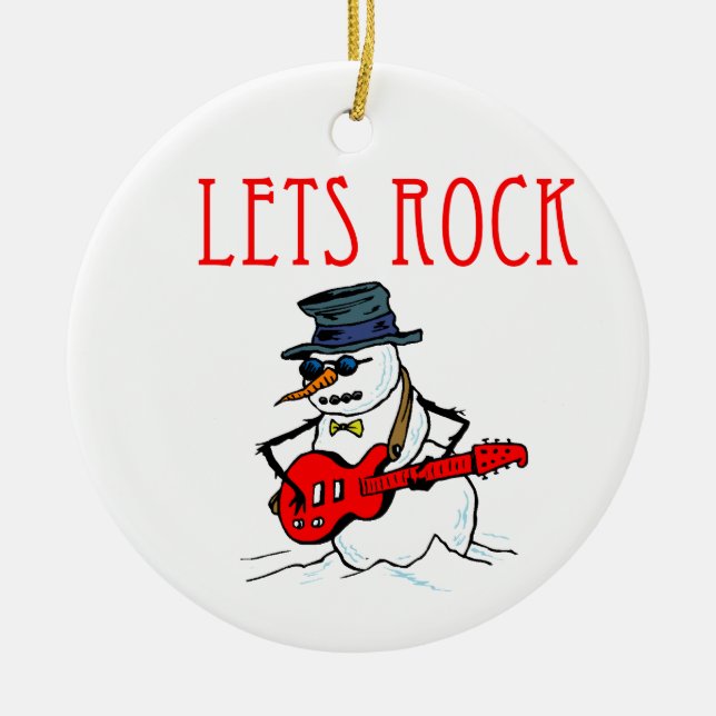 Lets Rock Christmas Snowman Ceramic Ornament (Front)