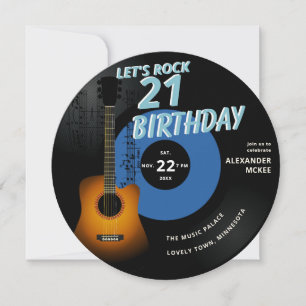 Let's Rock Guitar Music Notes Blue 21st Birthday Invitation