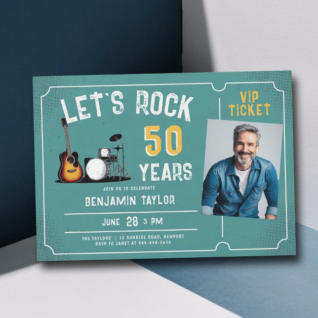 Let's Rock Music Fest Teal Men 50th Birthday Photo Invitation (music fest rock ticket 50th birthday party invitation men fun blue teal orange)