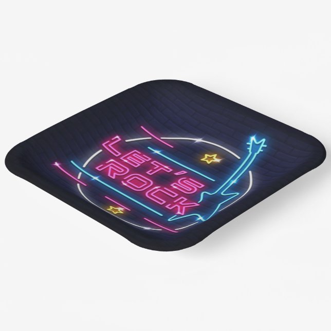 Let's Rock Retro Neon Square Paper Plate (Angled)