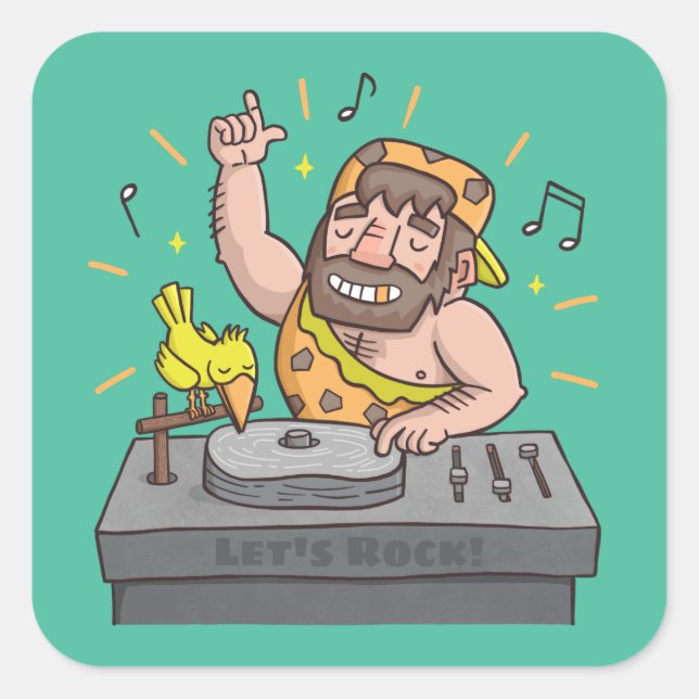 Lets Rock Stone Age Caveman Music DJ Sticker (Front)