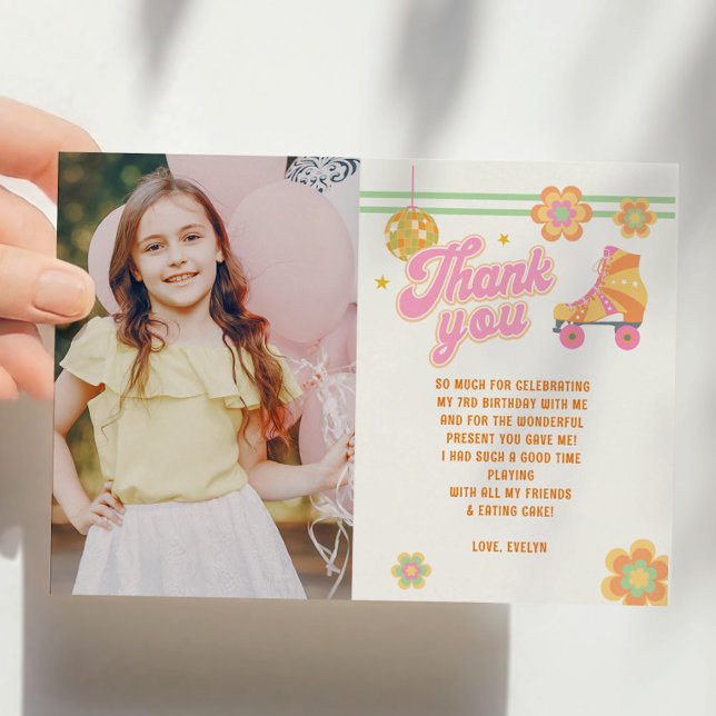 Let's Roll Girl Roller Skating Birthday Photo Thank You Card (Creator Uploaded)