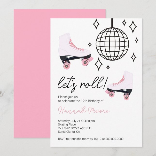 Let's Roll Kids Roller Skate Girl Birthday Party Invitation (Front/Back)