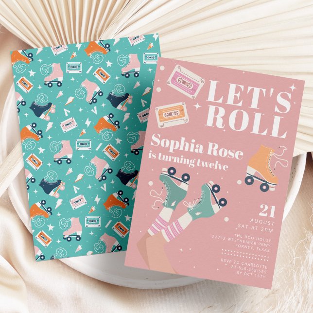 Let's Roll Pink Roller Skating Birthday Party Invitation (Creator Uploaded)