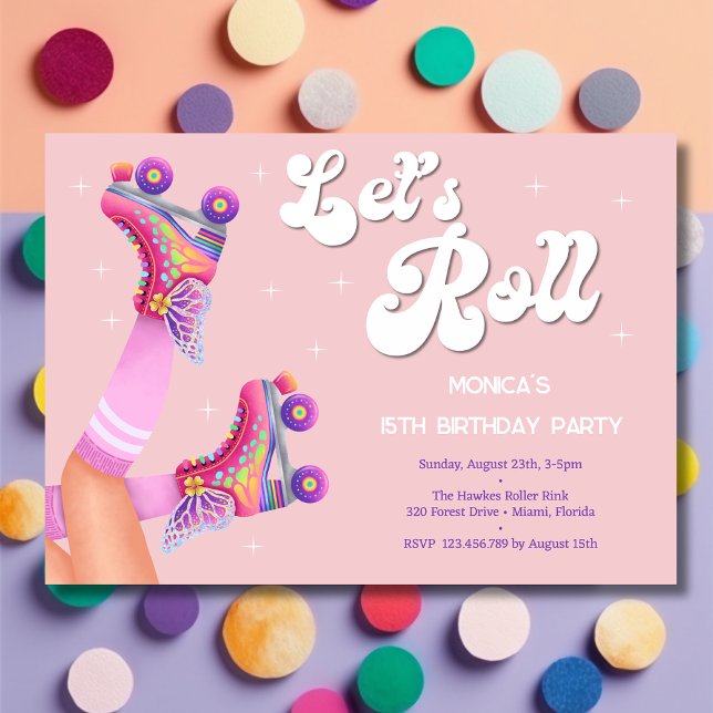 Let's roll retro roller skate birthday party invitation (Creator Uploaded)