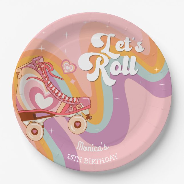 Let's roll retro roller skate birthday party paper plate (Front)