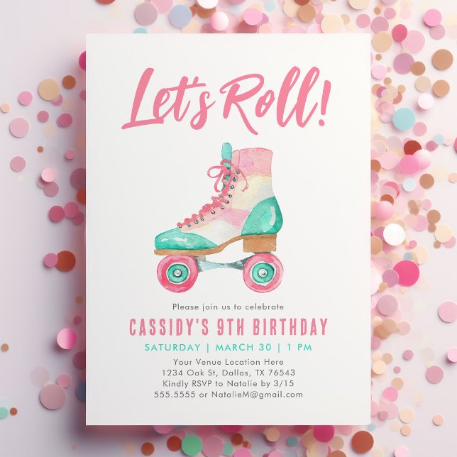 Let's Roll Retro Roller Skate Girl Birthday Invitation (Creator Uploaded)