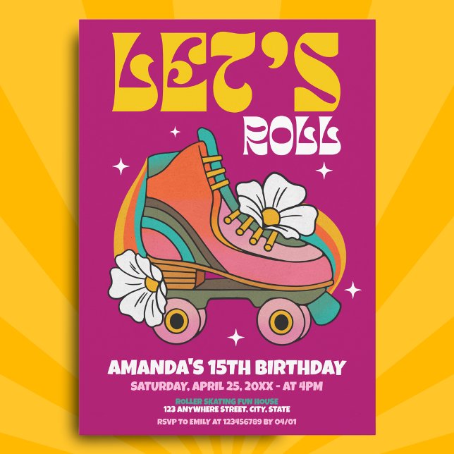 Let's Roll Roller Skate Retro 70s Birthday Party Invitation (Creator Uploaded)