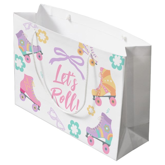 Lets Roll Roller Skate Retro Girl Birthday Pastel Large Gift Bag (Back Angled)