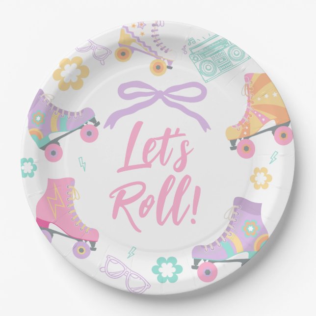Lets Roll Roller Skate Retro Girl Birthday Pastel Paper Plate (Front)