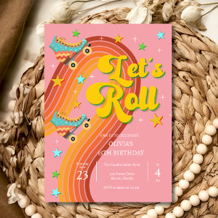 Let's roll roller skate retro rainbow invitation