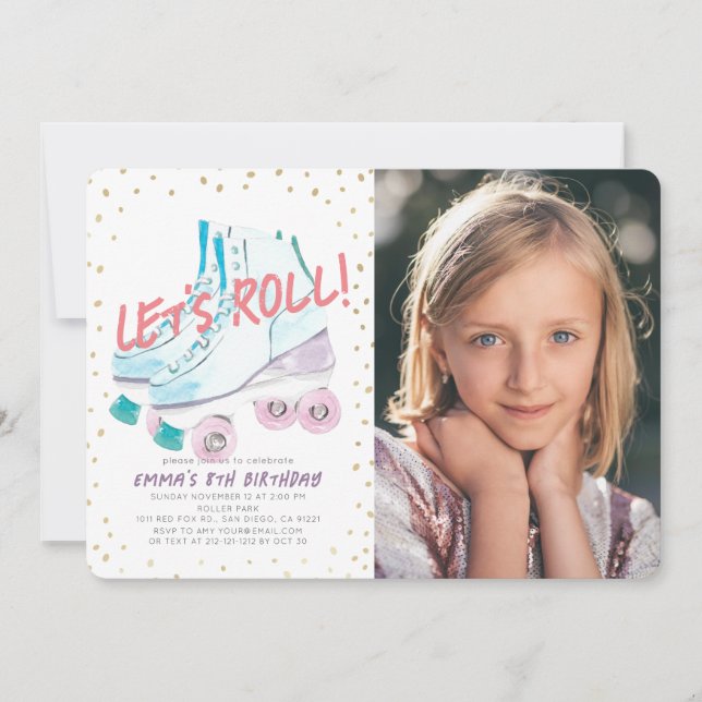 Let's Roll Roller Skating Girl Birthday Photo Invitation (Front)