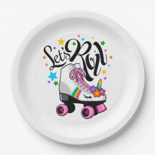 Let's Roll Unicorn Roller skate t-shirt for girls. Paper Plate