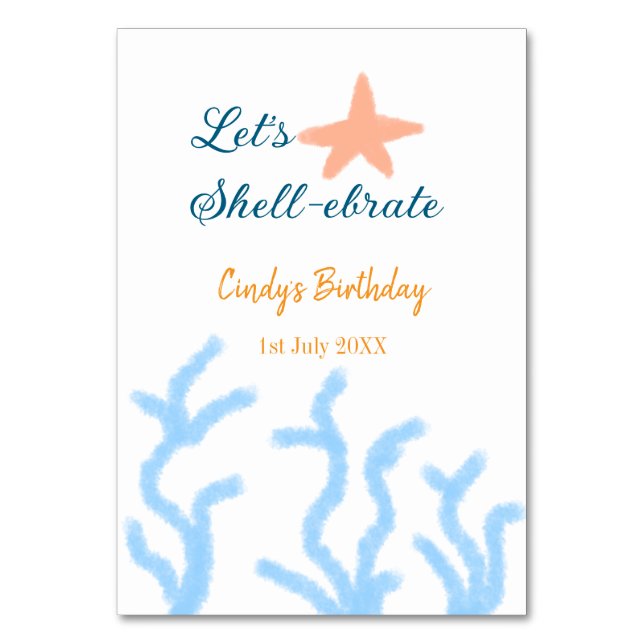 Let's shell-ebrate under the sea blue birthday  table number (Front)