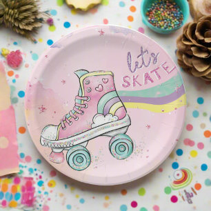 Let's skate l Rainbow retro Groovy Birthday Paper Plate