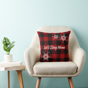 "Let's Stay Home" on Buffalo Plaid  Throw Pillow