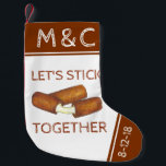 Let's Stick Together Mozzarella Cheese Couples Small Christmas Stocking<br><div class="desc">Holiday stocking features an original marker illustration of a pair of mozzarella cheese sticks, with LET'S STICK TOGETHER in a fun font. Just personalize with your initials and anniversary date. This design is also available on other products, including coordinating holiday decor. Don't see what you're looking for? Need help with...</div>