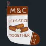 Let's Stick Together Mozzarella Cheese Couples Small Christmas Stocking<br><div class="desc">Holiday stocking features an original marker illustration of a pair of mozzarella cheese sticks, with LET'S STICK TOGETHER in a fun font. Just personalize with your initials and anniversary date. This design is also available on other products, including coordinating holiday decor. Don't see what you're looking for? Need help with...</div>