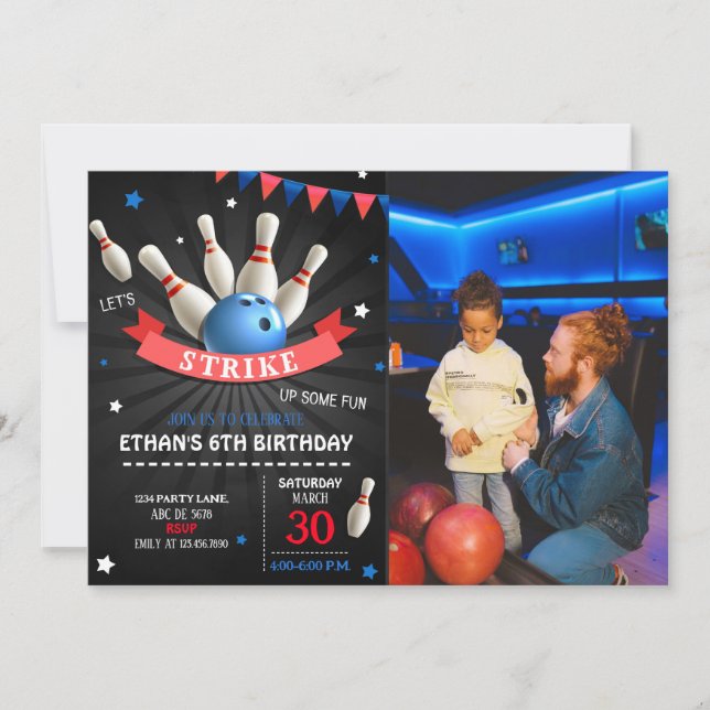 Let's Strike Up Some Fun Bowling Birthday Photo Invitation (Front)