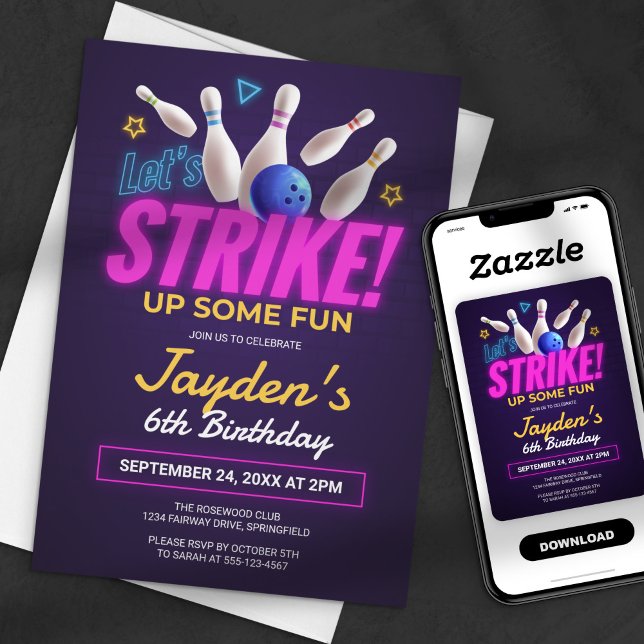 Let's Strike Up Some Fun Neon Bowling Birthday Invitation (Creator Uploaded)