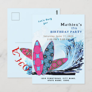 Let's surf surfboard beach birthday party postcard