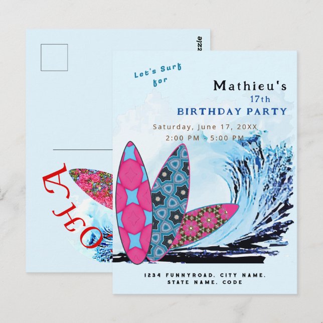 Let's surf surfboard beach birthday party postcard (Front/Back)