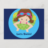 Let's Swim Girls Birthday Pool Party Brunette Blue