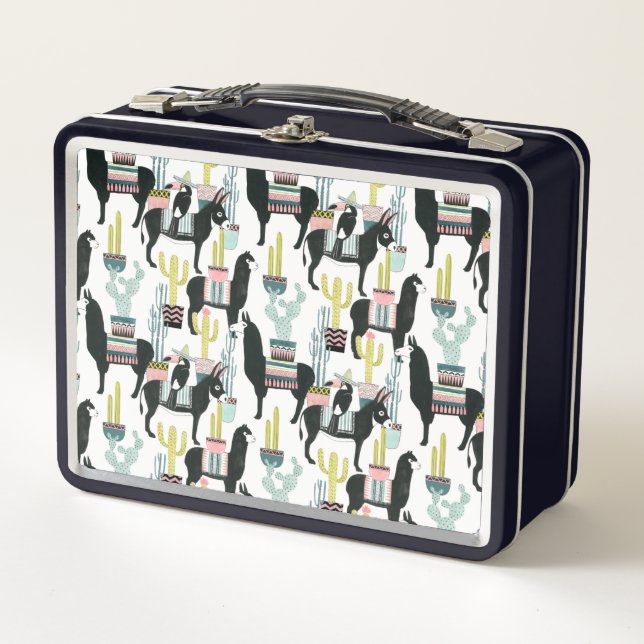 Let's Taco About Love | Llama & Donkey Pattern Metal Lunch Box (Front)