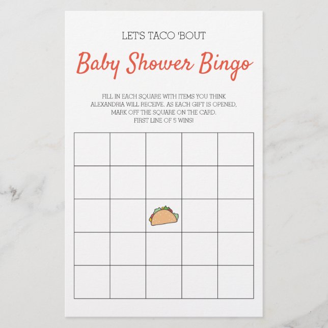 Let's Taco Bout Baby Shower Bingo Game (Front)