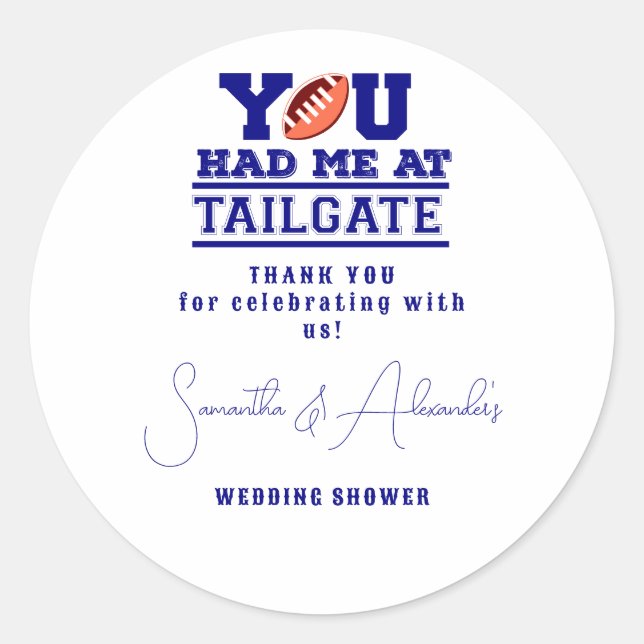 Let's Tailgate Celebrate Blue Bridal Couple Shower Classic Round Sticker (Front)