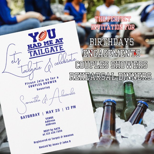Let's Tailgate Celebrate Blue Bridal Couple Shower Invitation (Let's Tailgate Celebrate Navy Blue invite for Bridal or Couple Showers, birthdays, rehearsal dinners)