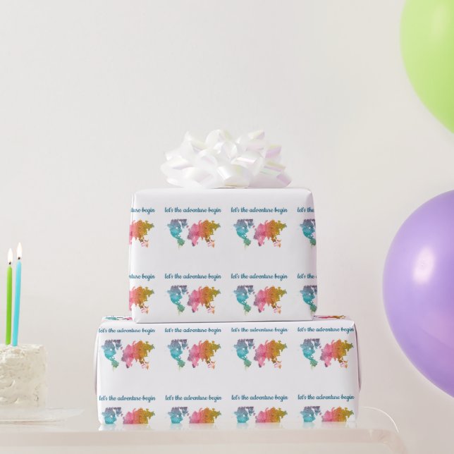 Let's The Adventure Begin Colourful Geometric Worl Wrapping Paper (Party Gifts)