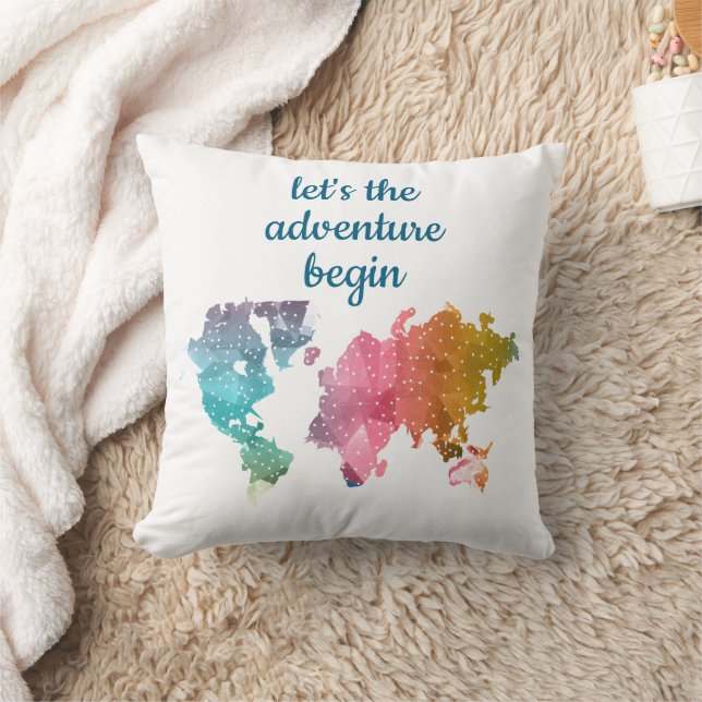 Let's The Adventure Begin Geometric World Map Throw Pillow (Blanket)