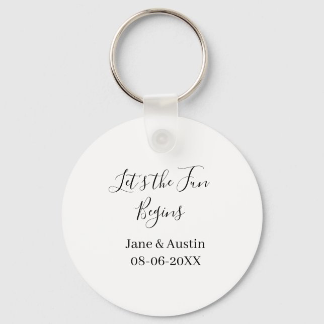 lets the fun begins wedding couple name date simpl keychain (Front)