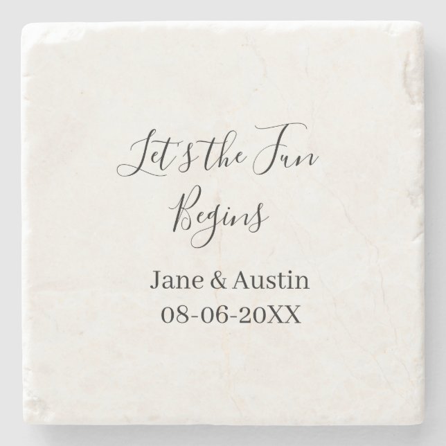lets the fun begins wedding couple name date simpl stone coaster (Front)