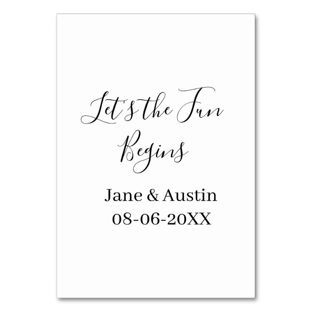 lets the fun begins wedding couple name date simpl table number (Front)