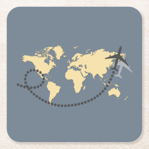 Let's travel the world illustration square paper coaster