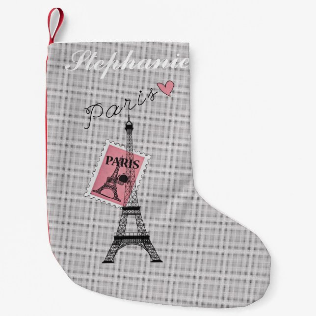 Let's Travel to Paris Eiffel Tower, Stamp, & Heart Small Christmas Stocking (Front)