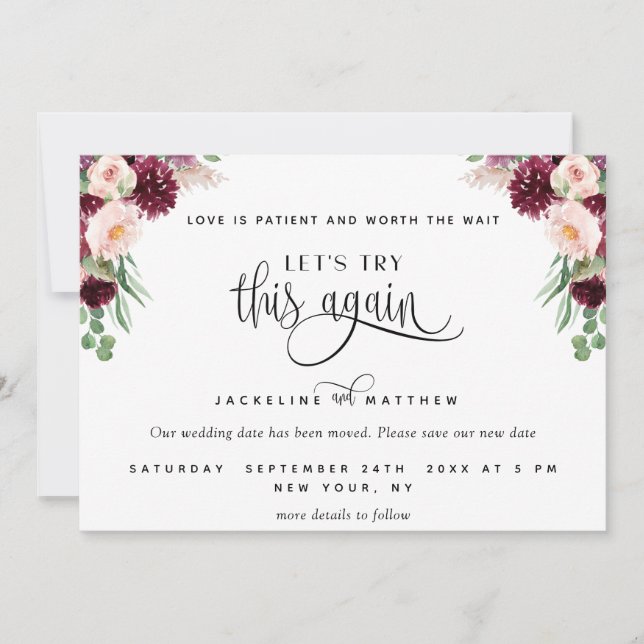 Let's Try This Again, Burgundy Berry and Blush Save The Date (Front)