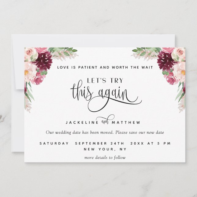 Let's Try This Again, Burgundy Blush Pink Wedding Save The Date (Front)
