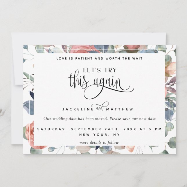 Let's Try This Again Dusty Blue, and Blush Floral Save The Date (Front)