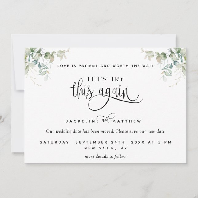Let's Try This Again, Love is Patient Greenery Save The Date (Front)