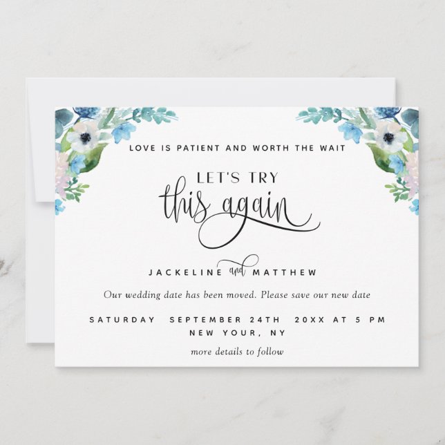 Let's Try This Again, White and Blue Floral Save The Date (Front)