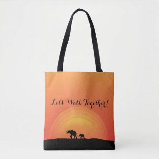 "Let's Walk Together" Sunset Elephant Designer Tote Bag