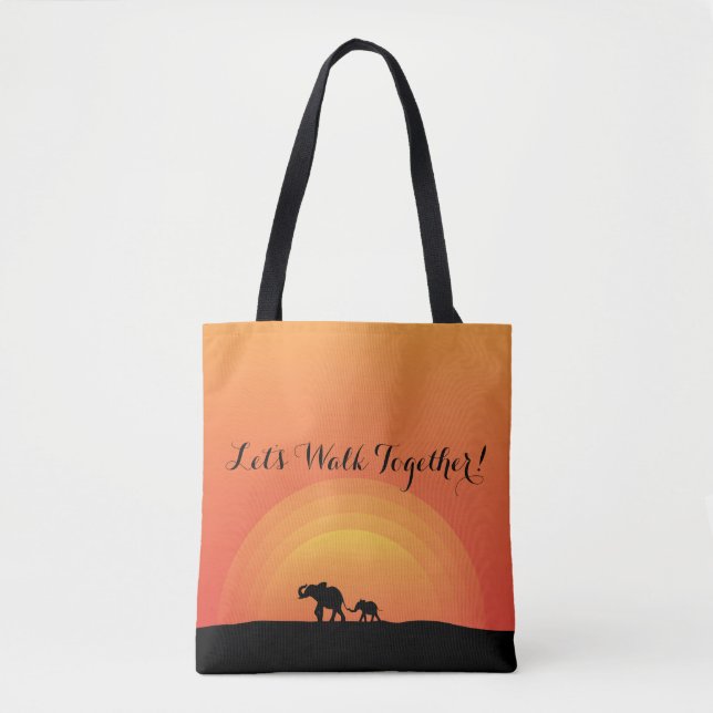 "Let's Walk Together" Sunset Elephant Designer Tote Bag (Front)