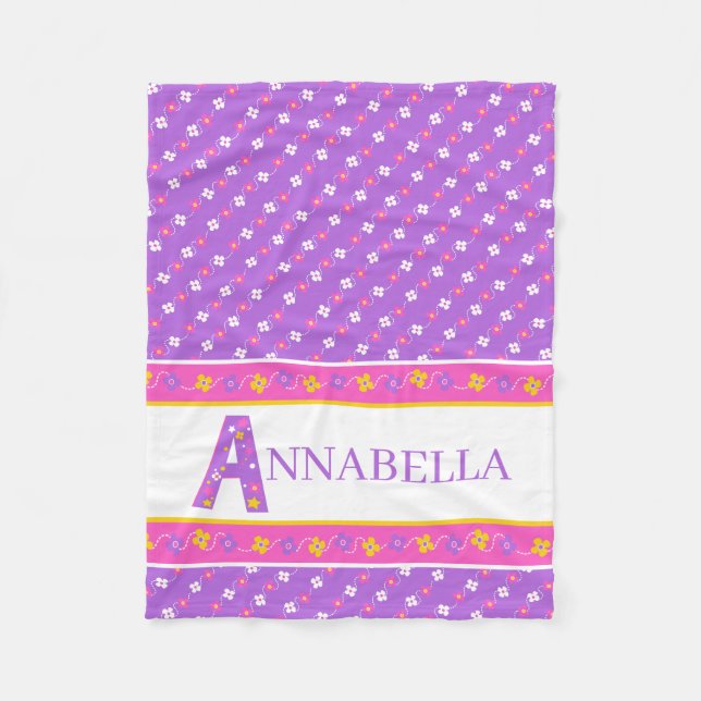 Letter A Annabella pink yellow purple flower star Fleece Blanket (Front)